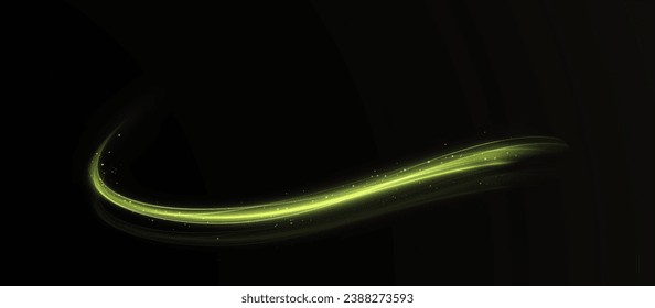 Luminous green lines png of speed. Light glowing effect png. Abstract motion lines. Light trail wave, fire path trace line, car lights, optic fiber and incandescence curve twirl