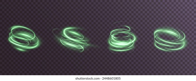 Luminous green podium lines png of speed. Light glowing effect png. Abstract motion lines. Light trail wave, fire path trace line, car lights, optic fiber and incandescence curve twirl