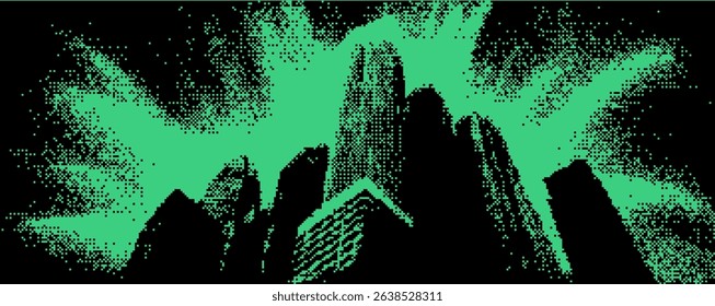 Luminous green waves light up the night sky above tall mountain peaks, creating a stunning visual experience. Bitmap overlay bg with pixel effect 