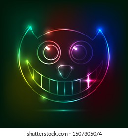 Luminous head of a smiling neon cat. Vector illustration.