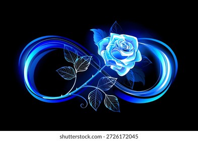 Luminous infinity symbol with glowing, beautiful, lushly blooming rose made of blue flames on black background.