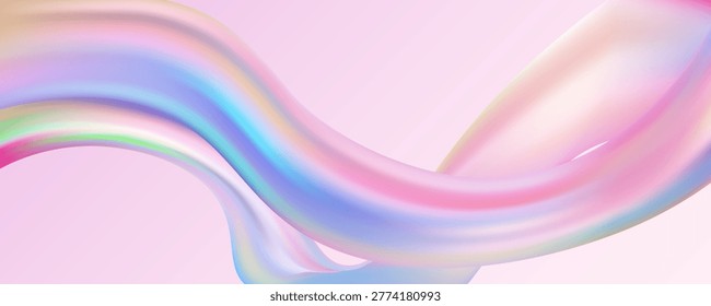 Luminous iridescent curves blend transparent crystal textures with aurora gradients, forming a futuristic liquid backdrop with rainbow light and flowing silk-like elements.