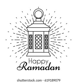 Luminous Lantern with greeting lettering Happy Ramadan. Festive vector illustration for the celebration of holy month Ramadan. Thin line art design