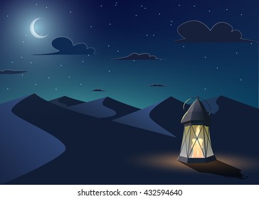 Luminous lantern stands in the desert at night sky with an crescent moon.Cartoon style.Ramadan Kareem vector illustration