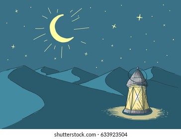 Luminous lantern stands in the desert at night sky.Cartoon style.Ramadan Kareem vector illustration