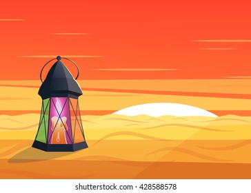 luminous  lantern stands in the desert at a sunrise.Cartoon style.Design for posters,wallpapers.Ramadan Kareem vector illustration
