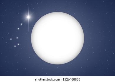 A luminous large full moon and a polar star with the constellation Ursa Minor in a clear dark blue sky with starry sky
