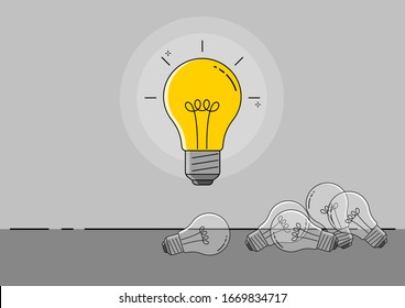 Lámpara luminosa sobre un fondo gris. Un montón de bombillas extintas. Vector de iconos de la lámpara. Una idea brillante.