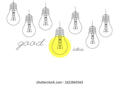 Luminous light bulbs. Linear signs in one continuous line. Isolated vector elements on a white background. The concept of insight, inspiration, answers to questions and faq, good idea.