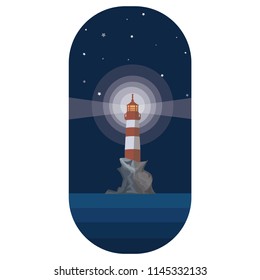 A luminous lighthouse on the background of the sea on a rock
