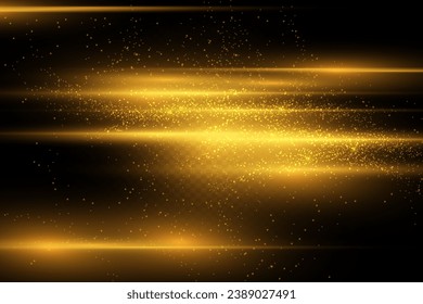 Luminous line with sparks on a black background, light effect, golden color. Vector illustration. Collection effect light gold line png.