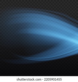 Luminous lines of speed. Dynamic blue waves. Glowing motion line. Magic speed flying trails of shine, bright shimmer particles fly. Light sparkling effect. Vector illustration.