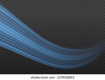 Luminous lines of speed. Light sparkling effect. Dynamic blue waves. Glowing motion line. Magic speed flying trails of shine, bright shimmer particles fly. Vector illustration.