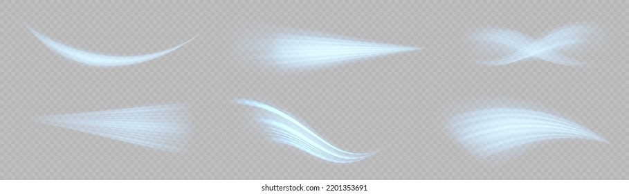 Luminous lines of speed. Light sparkling effect. Dynamic blue waves. Glowing motion line. Magic speed flying trails of shine, bright shimmer particles fly. Vector illustration.