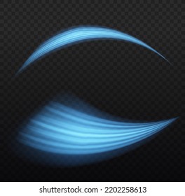 Luminous lines of speed. Light sparkling effect. Dynamic blue waves. Glowing motion line. Magic speed flying trails of shine, bright shimmer particles fly. Vector illustration.
