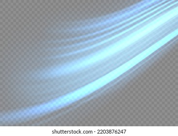 Leuchtende Geschwindigkeitslinien. Lichtfunkelnde Wirkung. Dynamische blaue Wellen. Glühende Bewegungslinie. Zaubergeschwindigkeit fliegende Pfade glänzender, heller Schimmer-Partikel fliegen. Vektorgrafik.