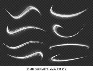 Luminous lines of speed. Twist with sparkle dust. White glowing motion line. Light sparkling effect. Dynamic silver waves. Magic speed flying trails of shine, bright shimmer particles fly. Vector