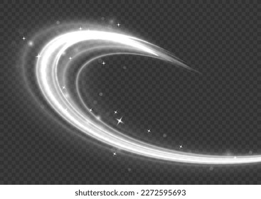 Luminous lines of speed. Twist with sparkle dust. White glowing motion line. Light sparkling effect. Dynamic silver waves. Magic speed flying trails of shine, bright shimmer particles fly. Vector