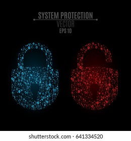 Luminous locks of blue and red colors from binary code. High technology in design. The system is under reliable protection. Bright glow. Vector illustration. EPS 10