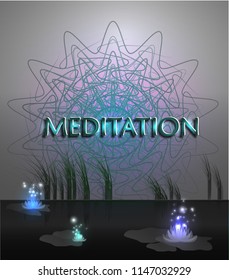 Luminous lotuses and mandala on the background of nature. Lake and lotuses. Meditation, yoga and relaxation
