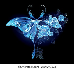 Luminous  magical  blue  floral  night butterfly and  wing decorated and blue  blooming  luxurious  glowing roses black background 