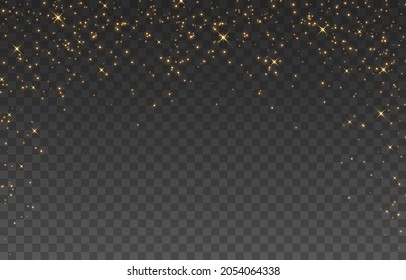 Luminous magical dust, dusty shine. Flying particles of light. Christmas light effect. Sparkling particles of fairy dust glow in the dark. Vector illustration on png.