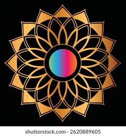 Uma mandala luminosa com padrões florais dourados que irradiam do centro, simbolizando harmonia e equilíbrio.