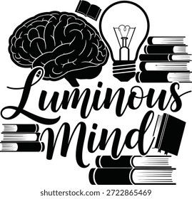 Mente luminosa cérebro lâmpada livros vetor mão preta desenhada tipografia logotipo emblema ícone silhueta Vintage conhecimento gráfico educação inteligência ciência