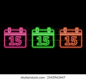 leuchtendes Neon 15 Datenkalender. Backsteinhintergrund.