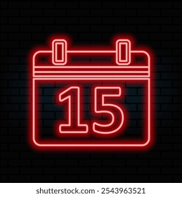 luminoso neon 15 data calendar. fundo de tijolo. vermelho.