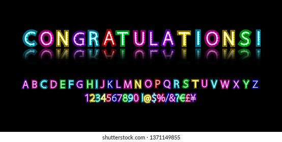 Luminous neon alphabet Vector font. The color of light is easily changed. Neon letters on a dark blue background isolated. Vector illustration