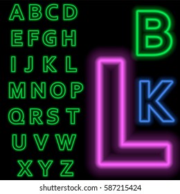 Luminous neon alphabet Vector font. The color of light is easily changed. Neon letters on a dark blue background isolated. Latin characters