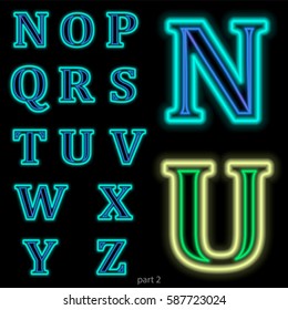 Luminous neon alphabet Vector font. The color of light is easily changed. Neon letters on a dark blue background isolated. Latin characters. Part 2.