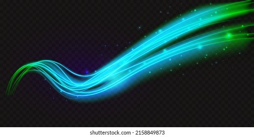 Luminous neon azure shape wave, abstract light effect vector illustration. Wavy glowing green neon blue bright flowing curve lines, magic glow energy motion particle on transparent black background.
