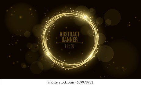 Luminous neon banner of gold color from woven strips. Shining lights in motion with small particles. Glare bokeh. Flying motes and lights. Banners for the web. Vector illustration. EPS 10