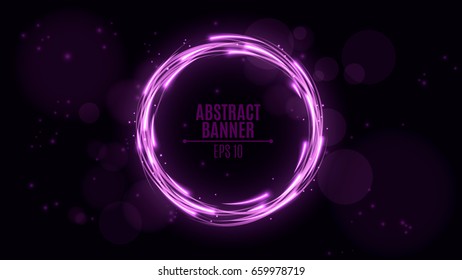 Luminous neon banner of purple color. Shining lights in motion with small particles. Glare bokeh. Flying motes and lights. Banners for the web. Vector illustration. EPS 10