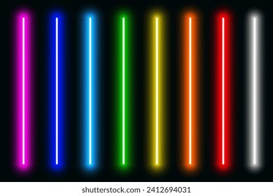 Luminous neon lines isolated, lights lines set in different rainbow colors, retro led neon lamp tube, glowing laser beams streaks on dark background