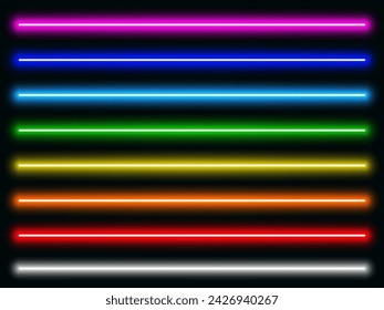 Luminous neon lines isolated, lights lines set in different rainbow colors, retro led neon lamp tube, glowing laser beams streaks on dark background - vector