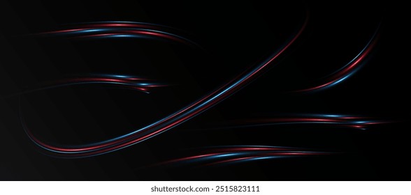 Luminous neon lines png of speed.  Light glowing effect png. Abstract motion lines red and blue. Light trail wave, fire path trace line, car lights, optic fiber and incandescence curve twirl