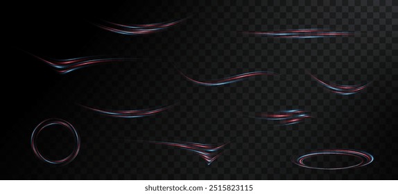 Luminous neon lines png of speed.  Light glowing effect png. Abstract motion lines red and blue. Light trail wave, fire path trace line, car lights, optic fiber and incandescence curve twirl