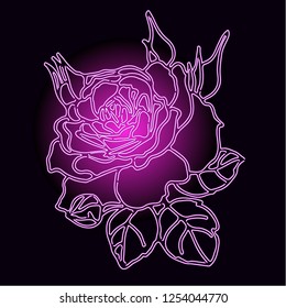 Luminous Neon Rose. Vector illustration. Creative realistic drawing, tattoo. Vintage paintings, postcard, background, wallpaper. Interior decoration, Textile. Flower gift for favorite women