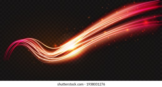 Luminous neon shape wave, abstract light effect vector illustration. Wavy glowing bright flowing curve lines, magic glow energy stream motion with particle isolated on transparent black background. - Shutterstock ID 1938031276