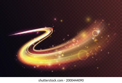 Luminous neon shape wave, abstract light effect vector illustration. Wavy glowing bright flowing curve lines, magic glow energy stream motion with particle isolated on transparent black background.