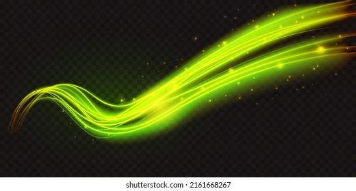 Luminous neon shape wave, abstract light effect vector illustration. Wavy glowing fire green bright flowing curve lines, magic glow energy motion particle isolated transparent black background.