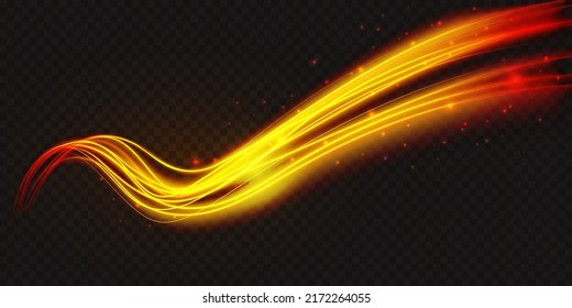 Luminous neon shape wave, abstract light effect vector illustration. Wavy glowing fire gold orange bright flowing curve lines, magic glow energy motion particle isolated transparent black background.