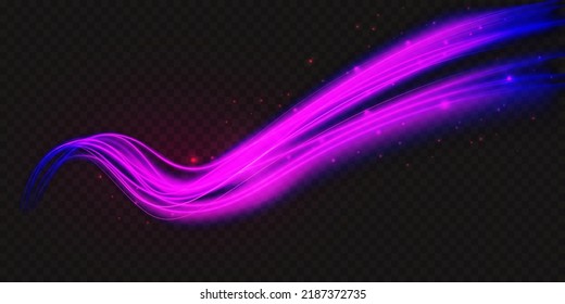 Ola de forma de neón luminoso, ilustración del vector de efecto de luz abstracto. Líneas de curva onduladas violeta violeta violeta onduladas, mágica partícula de movimiento de energía brillante aislada de fondo negro transparente.