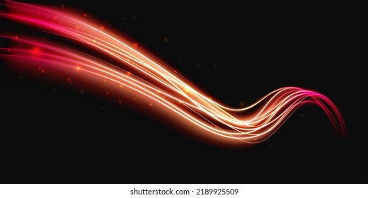 Luminous neon shape wave, abstract light effect vector illustration. Wavy glowing bright flowing curve lines, magic glow energy stream motion with particle isolated on dark black background