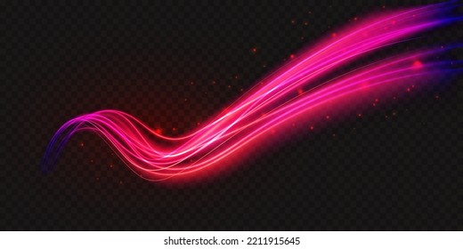 Luminous neon shape wave, abstract light effect vector illustration. Wavy glowing pink purple bright flowing curve lines, magic glow energy motion particle isolated transparent black background.