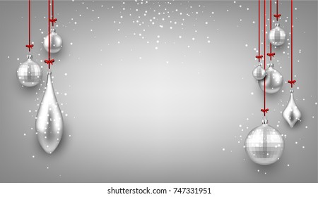 Luminous New Year background with silver Christmas balls. Vector illustration.