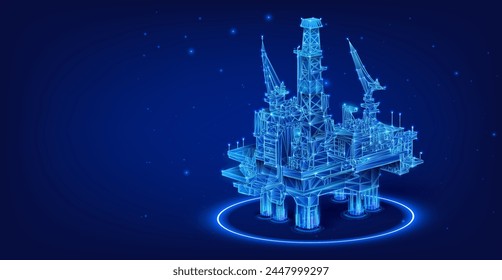 Luminosa plataforma petrolífera offshore: el futuro de la industria energética. Renderizado 3D futurista de una plataforma petrolífera en alta mar con luces azules radiantes, que simboliza la extracción de energía avanzada. Plataforma de gas. Plataforma de engrase. Vector